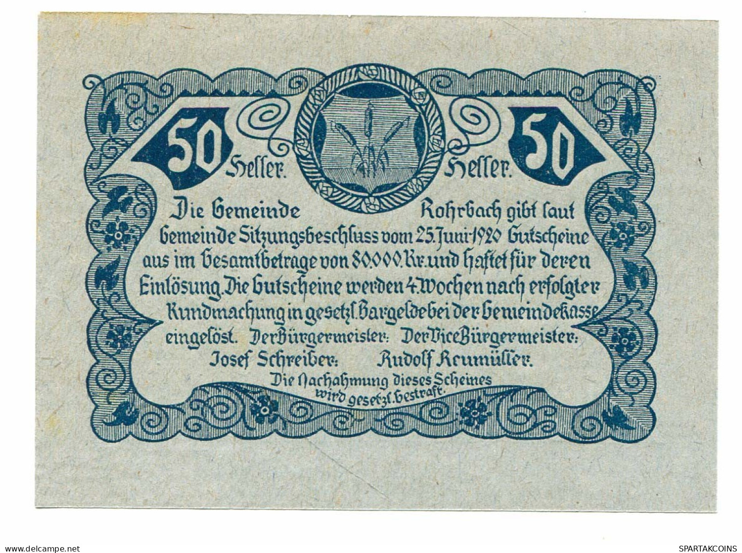50 Heller 1920 ROHRBACH Österreich UNC Notgeld Papiergeld Banknote #P10517 - [11] Local Banknote Issues