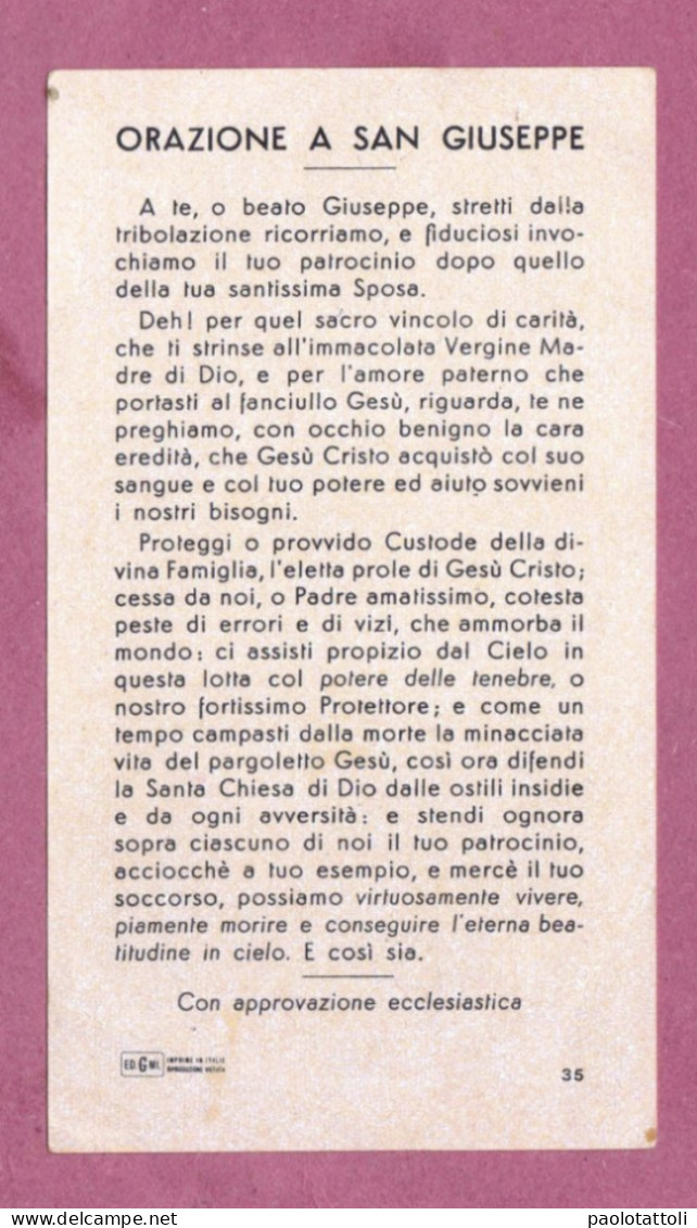 Santino. Holy Card- S.Giuseppe. S.t Joseph- Ed. GMi N°35- Con Approvazione Ecclesiastica - Images Religieuses