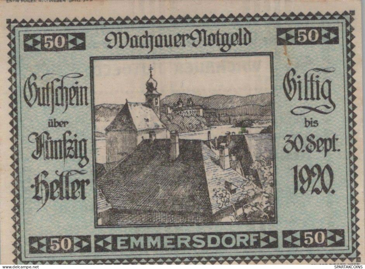 50 HELLER 1920 Stadt WACHAU Niedrigeren Österreich Notgeld Papiergeld Banknote #PG715 - [11] Local Banknote Issues