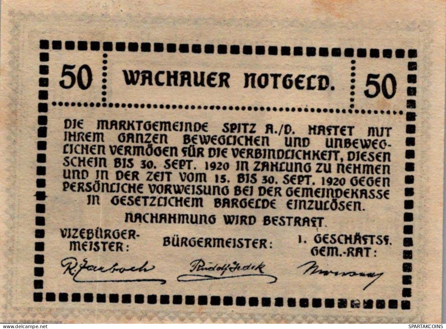 50 HELLER 1920 Stadt WACHAU Niedrigeren Österreich Notgeld Papiergeld Banknote #PG715 - [11] Local Banknote Issues