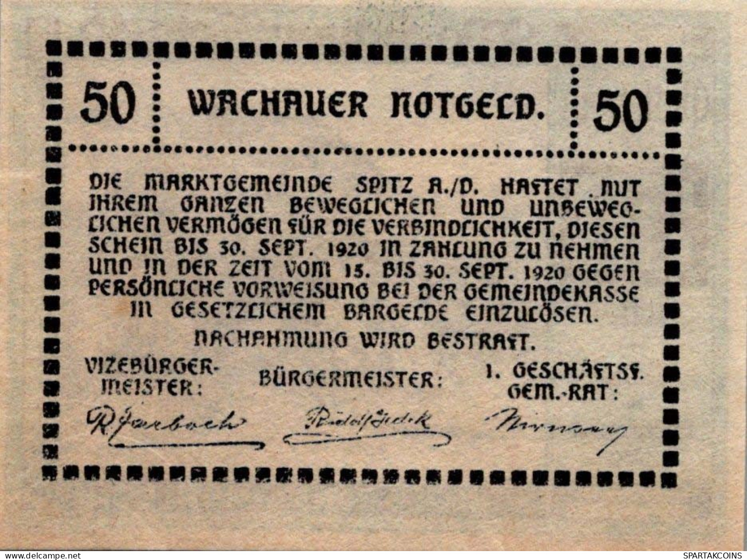 50 HELLER 1920 Stadt WACHAU Niedrigeren Österreich Notgeld Banknote #PF306 - [11] Local Banknote Issues