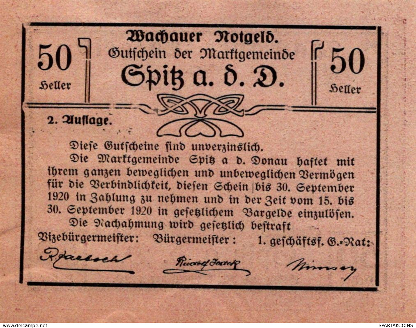 50 HELLER 1920 Stadt WACHAU Niedrigeren Österreich Notgeld Banknote #PF279 - [11] Local Banknote Issues