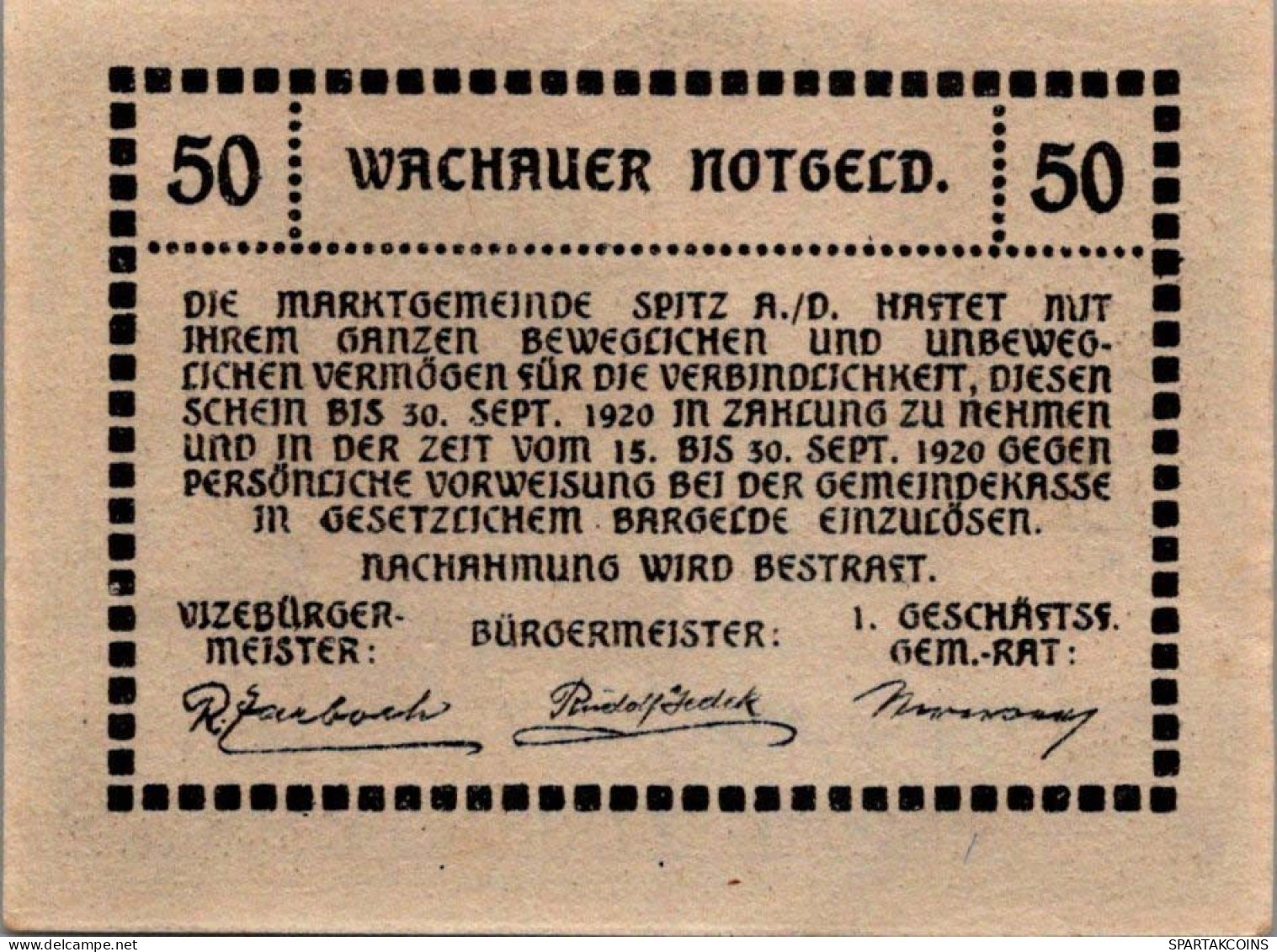 50 HELLER 1920 Stadt WACHAU Niedrigeren Österreich Notgeld Banknote #PE081 - [11] Local Banknote Issues