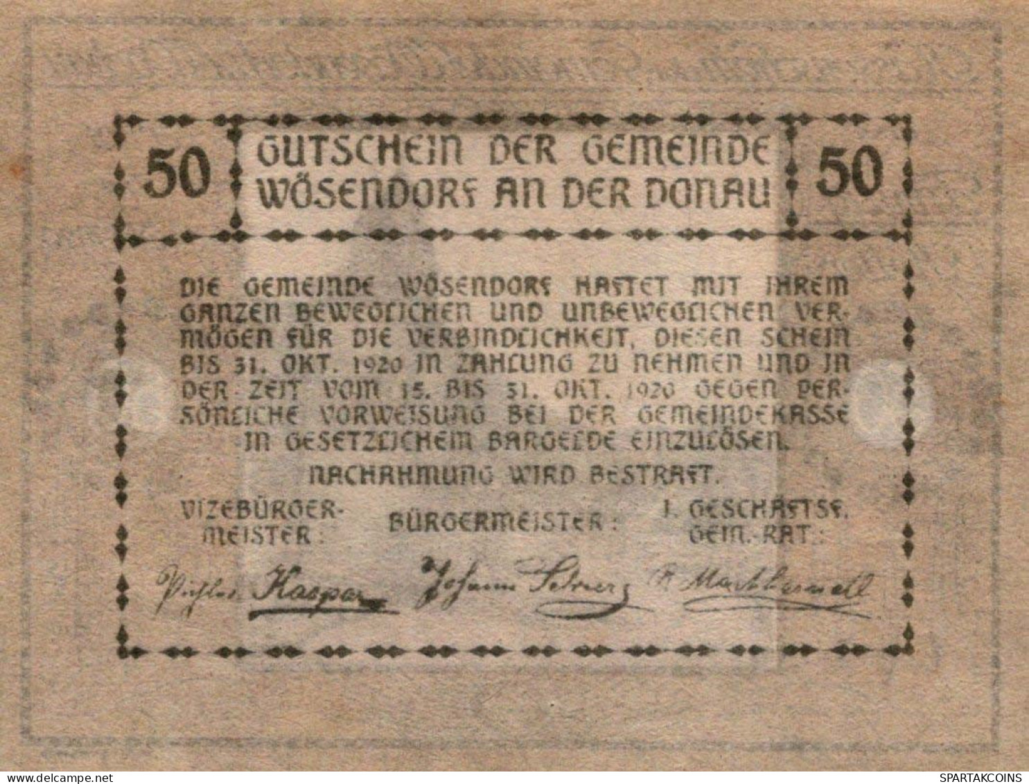50 HELLER 1920 Stadt WACHAU Niedrigeren Österreich Notgeld Banknote #PE073 - [11] Local Banknote Issues