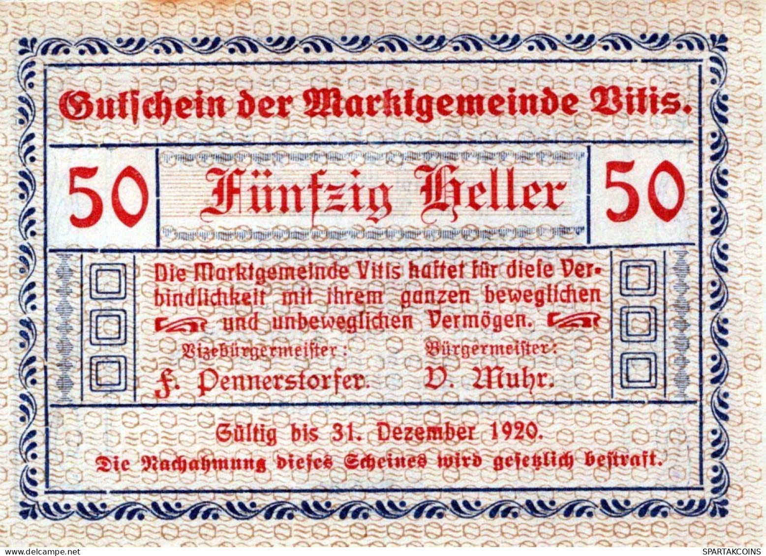 50 HELLER 1920 Stadt VITIS Niedrigeren Österreich UNC Österreich Notgeld Banknote #PH395 - [11] Emissions Locales
