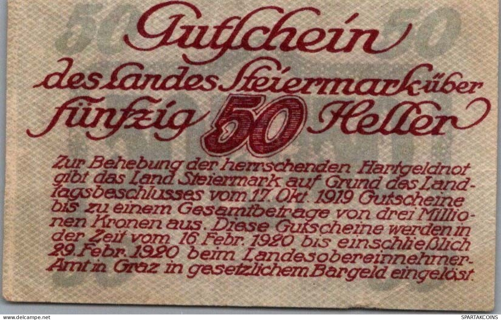 50 HELLER 1920 Stadt STYRIA Styria UNC Österreich Notgeld Banknote #PH087 - [11] Emissions Locales