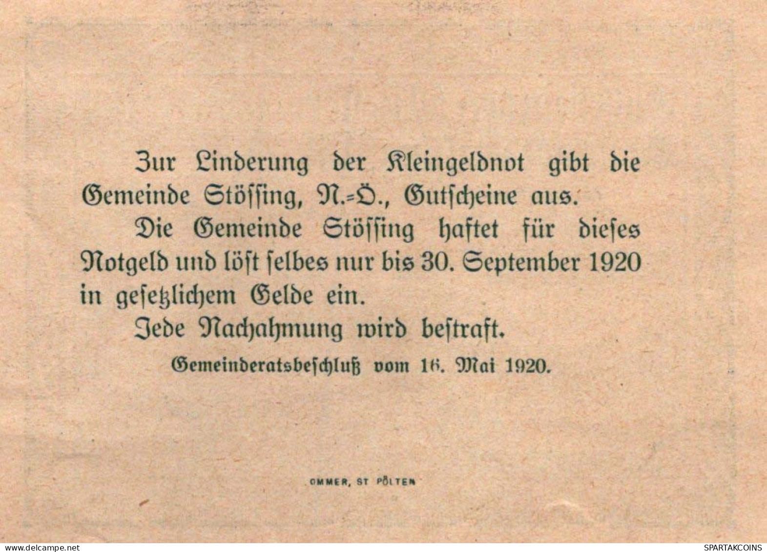 50 HELLER 1920 Stadt SToSSING Niedrigeren Österreich Notgeld Banknote #PE730 - Lokale Ausgaben