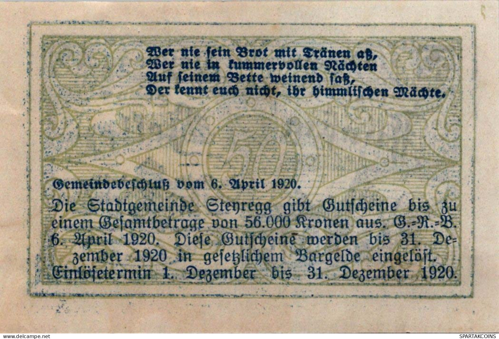 50 HELLER 1920 Stadt STEYREGG Oberösterreich Österreich Notgeld Banknote #PE614 - [11] Emissions Locales