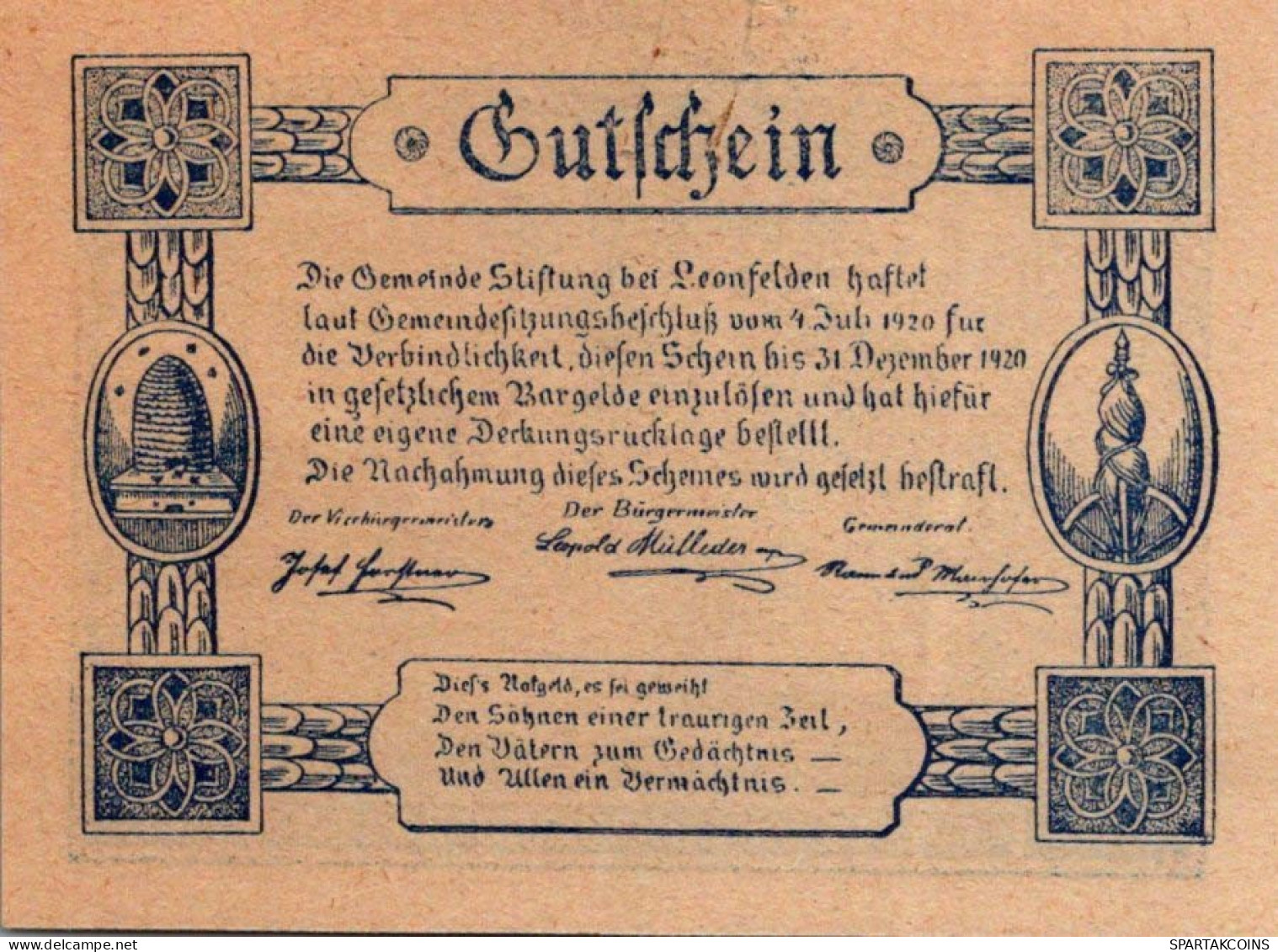 50 HELLER 1920 Stadt STIFTUNG BEI LEONFELDEN Oberösterreich Österreich #PJ234 - [11] Local Banknote Issues