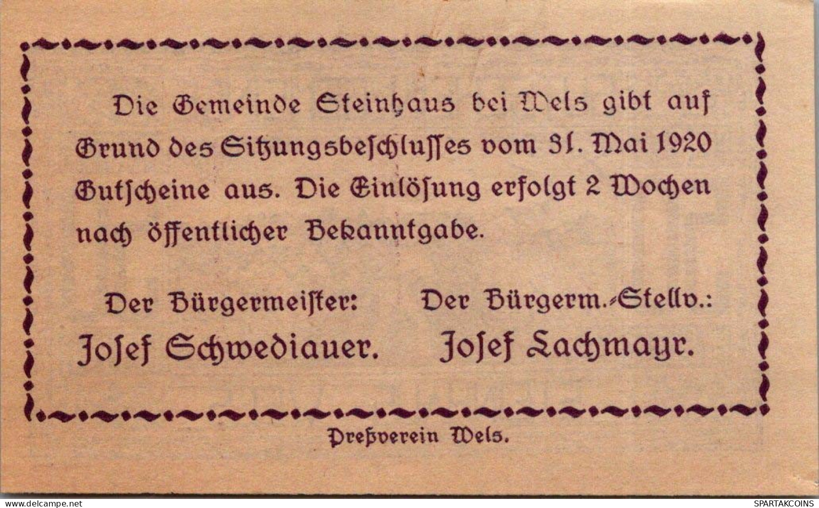50 HELLER 1920 Stadt STEINHAUS BEI WELS Oberösterreich Österreich Notgeld #PJ248 - [11] Local Banknote Issues