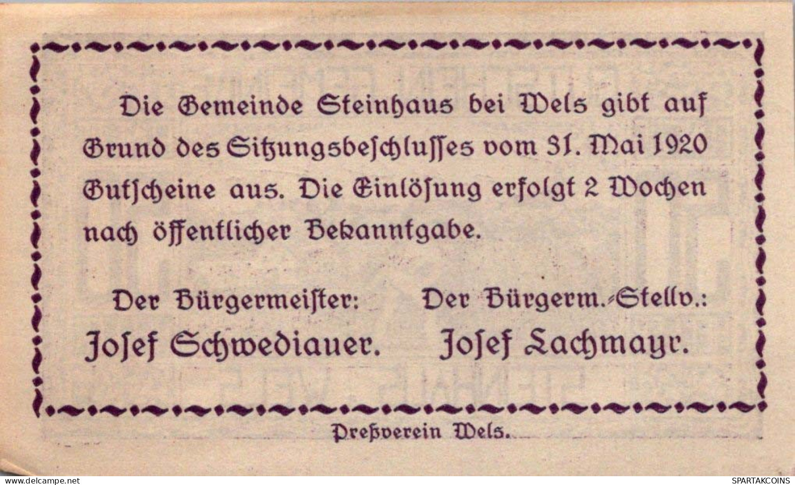 50 HELLER 1920 Stadt STEINHAUS BEI WELS Oberösterreich Österreich Notgeld Papiergeld Banknote #PG703 - [11] Local Banknote Issues