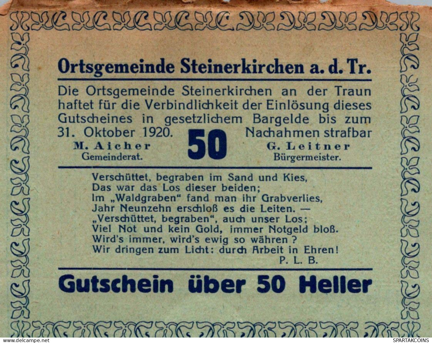 50 HELLER 1920 Stadt STEINERKIRCHEN AN DER TRAUN Oberösterreich Österreich #PE761 - [11] Emissions Locales