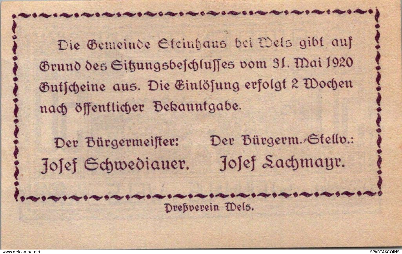 50 HELLER 1920 Stadt STEINHAUS BEI WELS Oberösterreich Österreich Notgeld #PE878 - [11] Local Banknote Issues