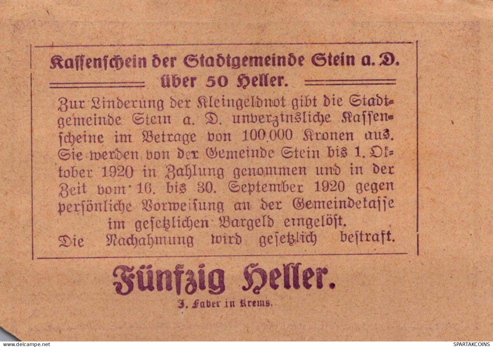 50 HELLER 1920 Stadt STEIN AN DER DONAU Niedrigeren Österreich Notgeld #PF058 - [11] Emissions Locales