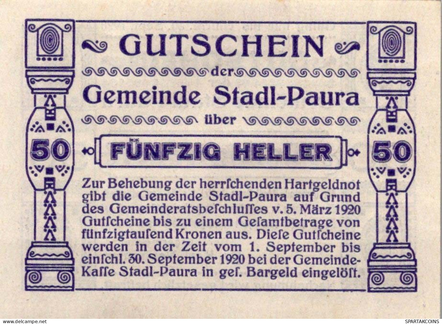 50 HELLER 1920 Stadt STADL-PAURA Oberösterreich Österreich UNC Österreich Notgeld #PH093 - [11] Emissions Locales