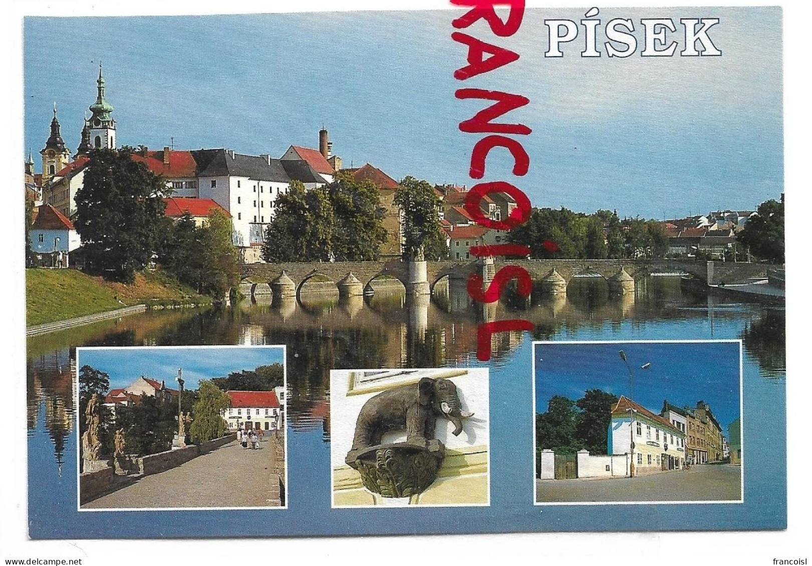 Písek. Glotichý Most. Vue Nocturne Sur Le Pont Sur L'Otava Et La Ville De Jour. Carte Mosaïque. - Tschechische Republik