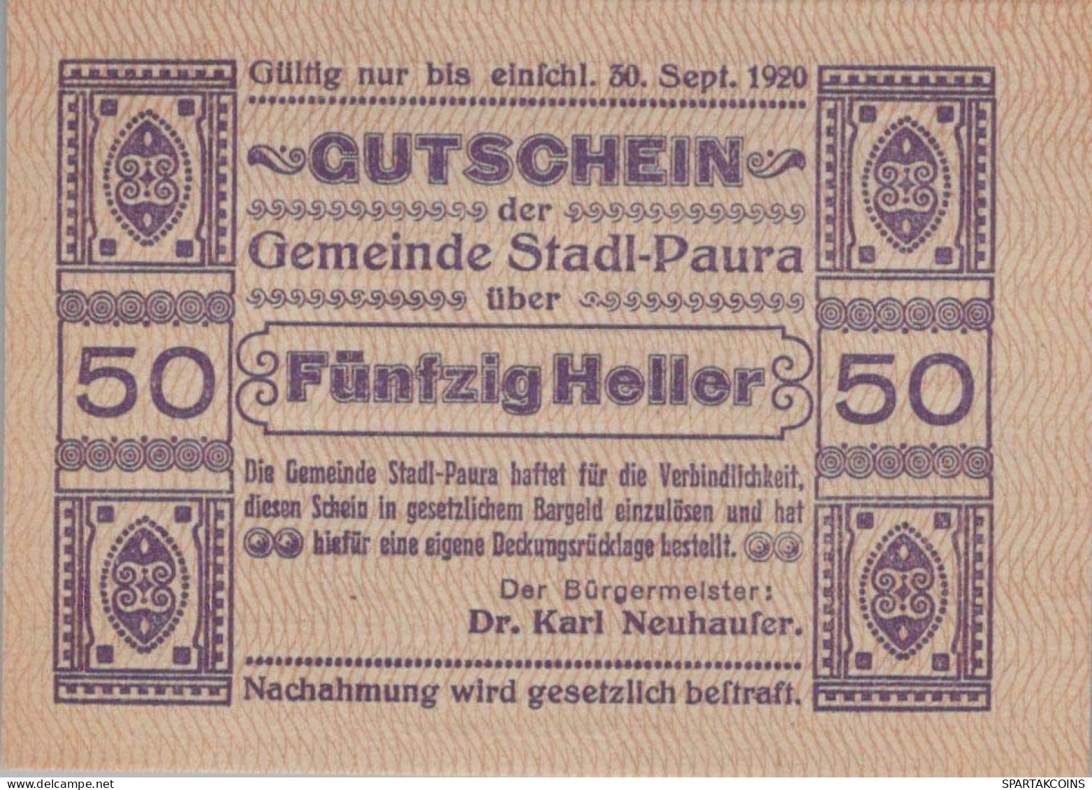 50 HELLER 1920 Stadt STADL-PAURA Oberösterreich Österreich Notgeld Papiergeld Banknote #PG771 - Lokale Ausgaben