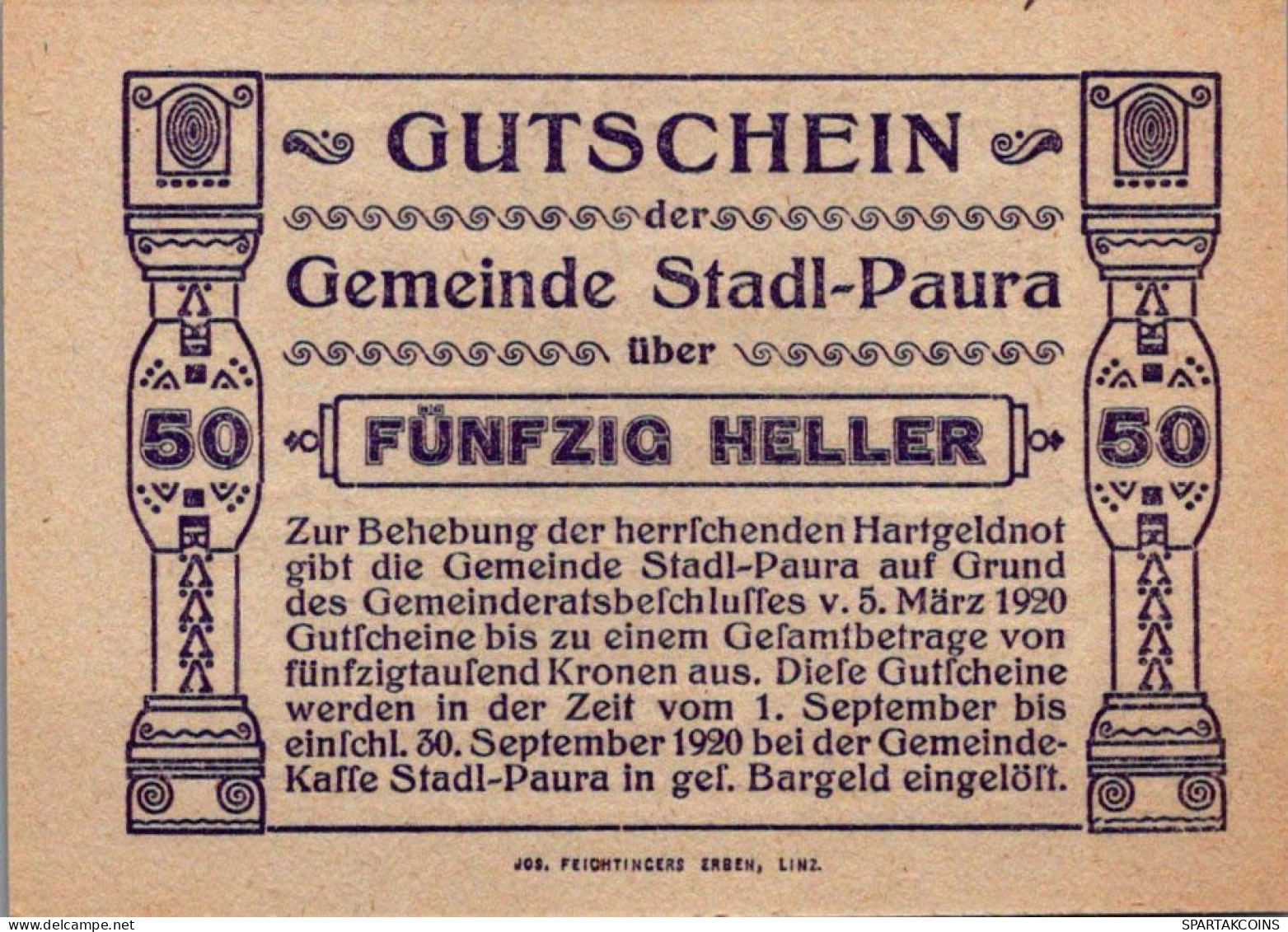 50 HELLER 1920 Stadt STADL-PAURA Oberösterreich Österreich Notgeld Papiergeld Banknote #PG771 - Lokale Ausgaben