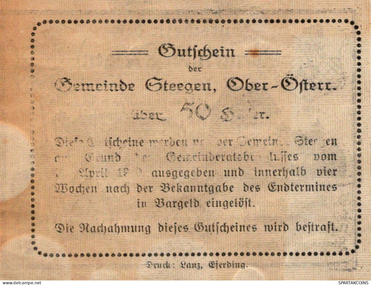 50 HELLER 1920 Stadt STEEGEN Oberösterreich Österreich Notgeld Banknote #PE607 - [11] Emissions Locales