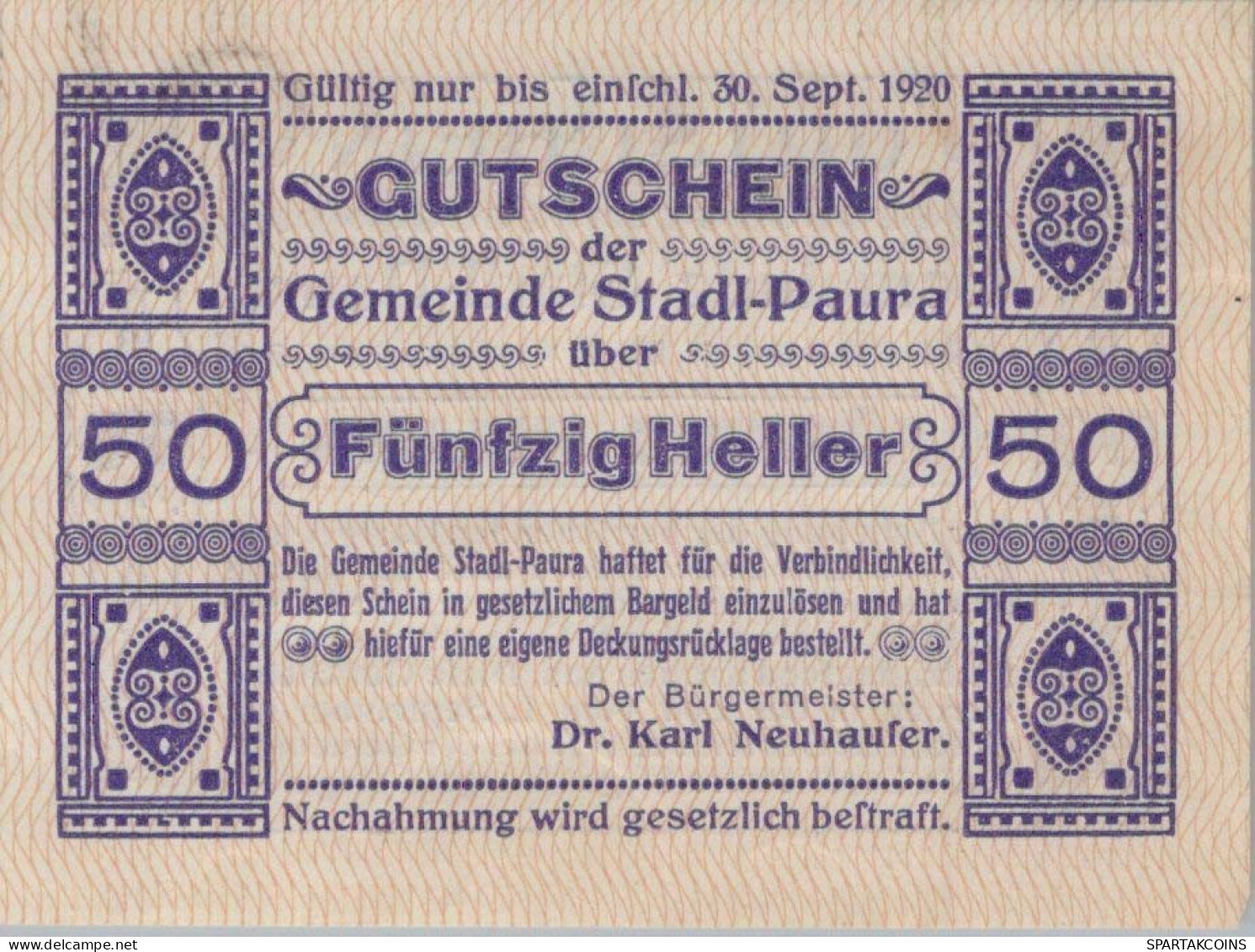 50 HELLER 1920 Stadt STADL-PAURA Oberösterreich Österreich Notgeld #PE632 - Lokale Ausgaben