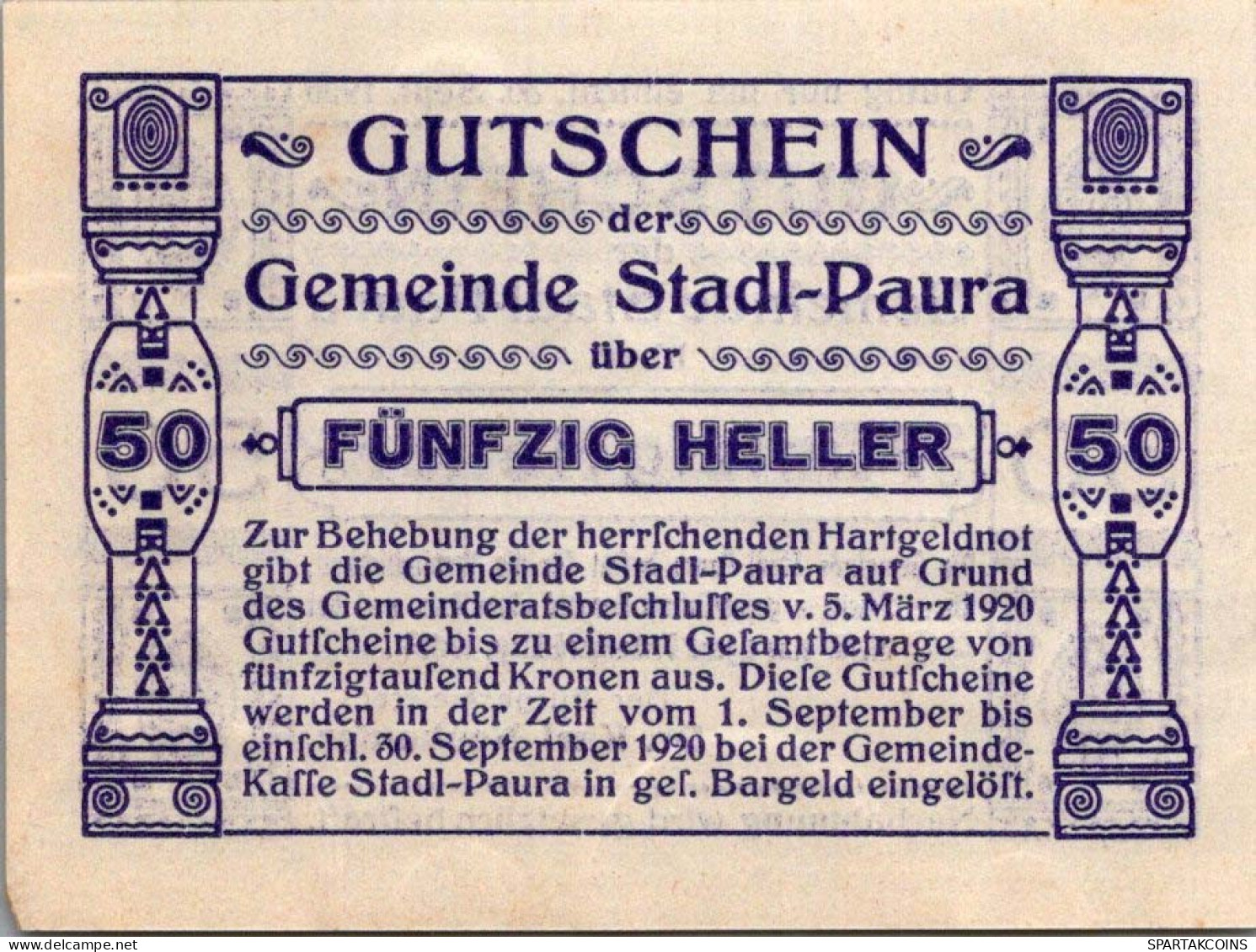 50 HELLER 1920 Stadt STADL-PAURA Oberösterreich Österreich Notgeld #PE632 - Lokale Ausgaben