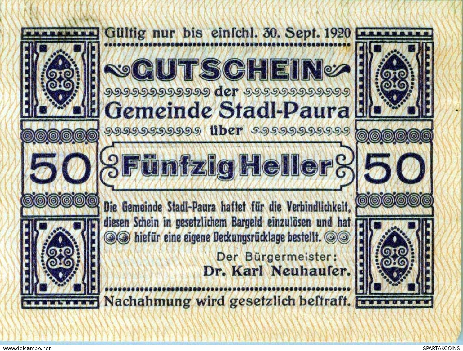 50 HELLER 1920 Stadt STADL-PAURA Oberösterreich Österreich Notgeld #PE632 - [11] Emissions Locales