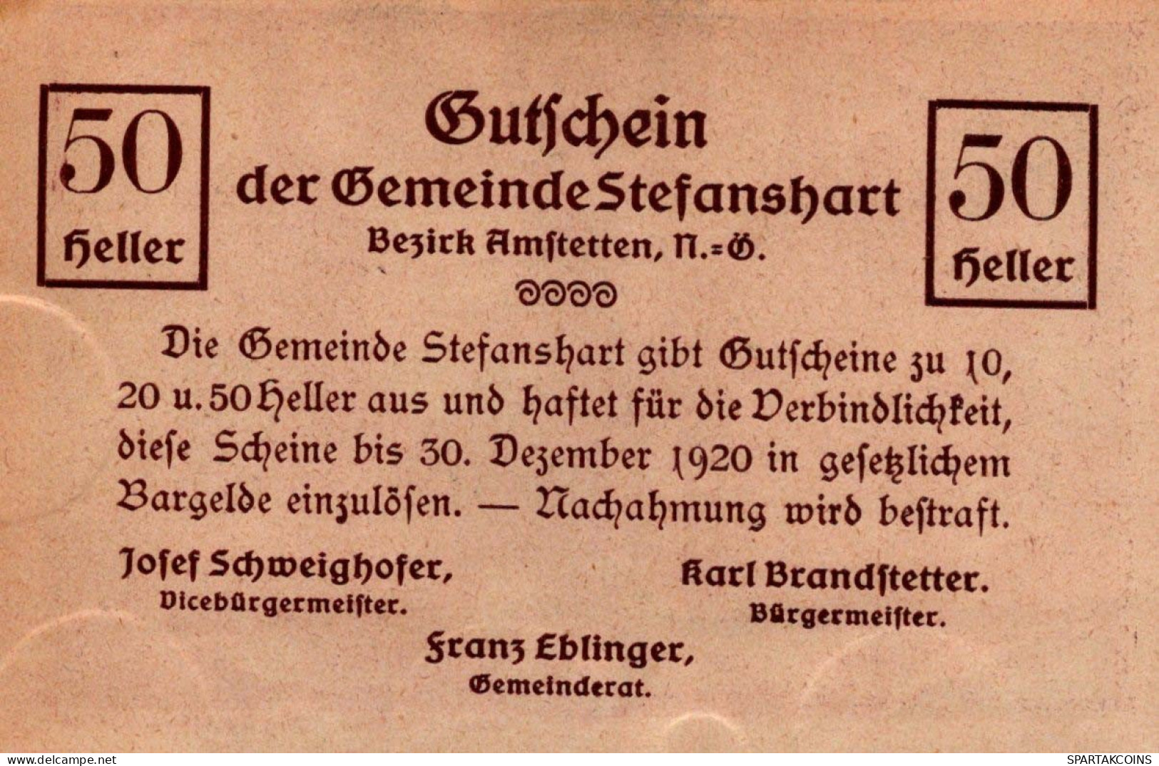 50 HELLER 1920 Stadt STEFANSHART Niedrigeren Österreich Notgeld #PE621 - Lokale Ausgaben