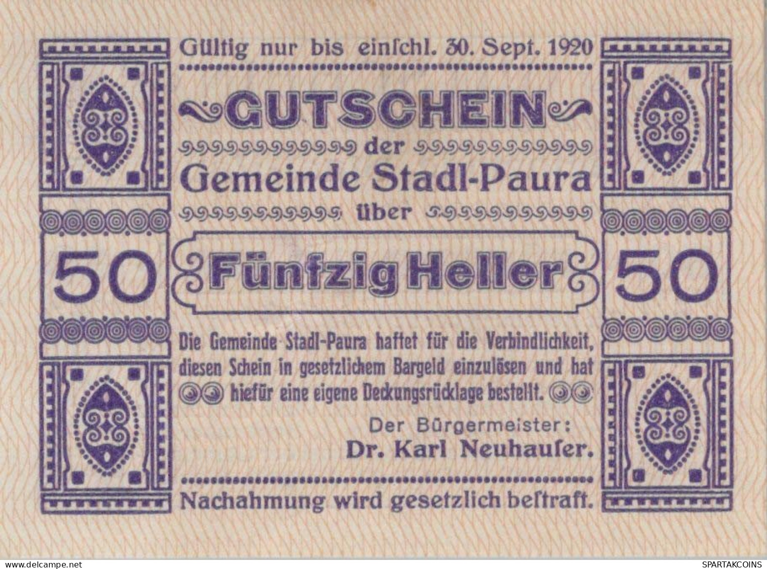 50 HELLER 1920 Stadt STADL-PAURA Oberösterreich Österreich Notgeld #PE327 - [11] Emissions Locales
