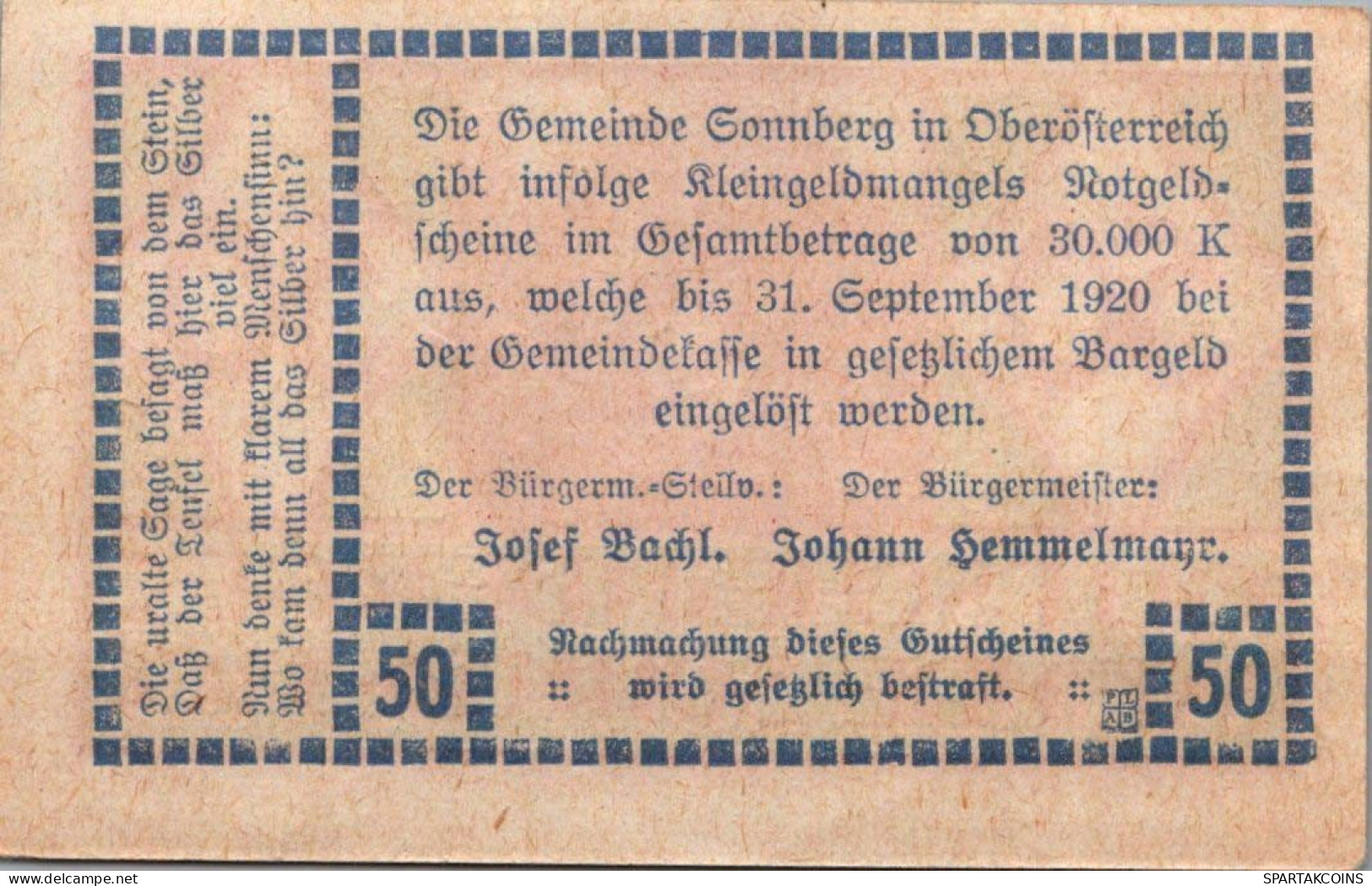 50 HELLER 1920 Stadt SONNBERG Oberösterreich Österreich UNC Österreich Notgeld #PH017 - Lokale Ausgaben
