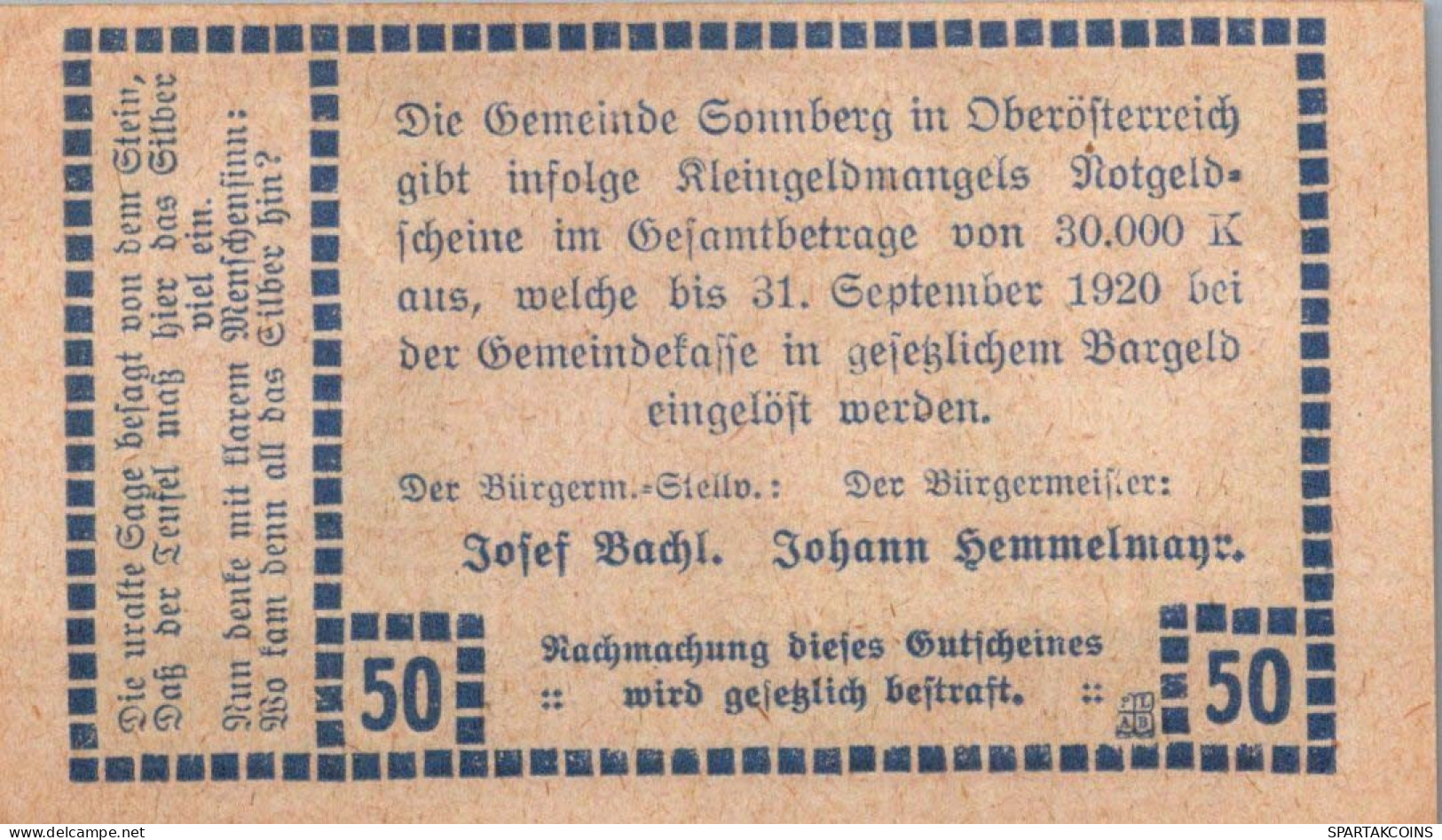 50 HELLER 1920 Stadt SONNBERG Oberösterreich Österreich Notgeld Banknote #PE643 - [11] Local Banknote Issues