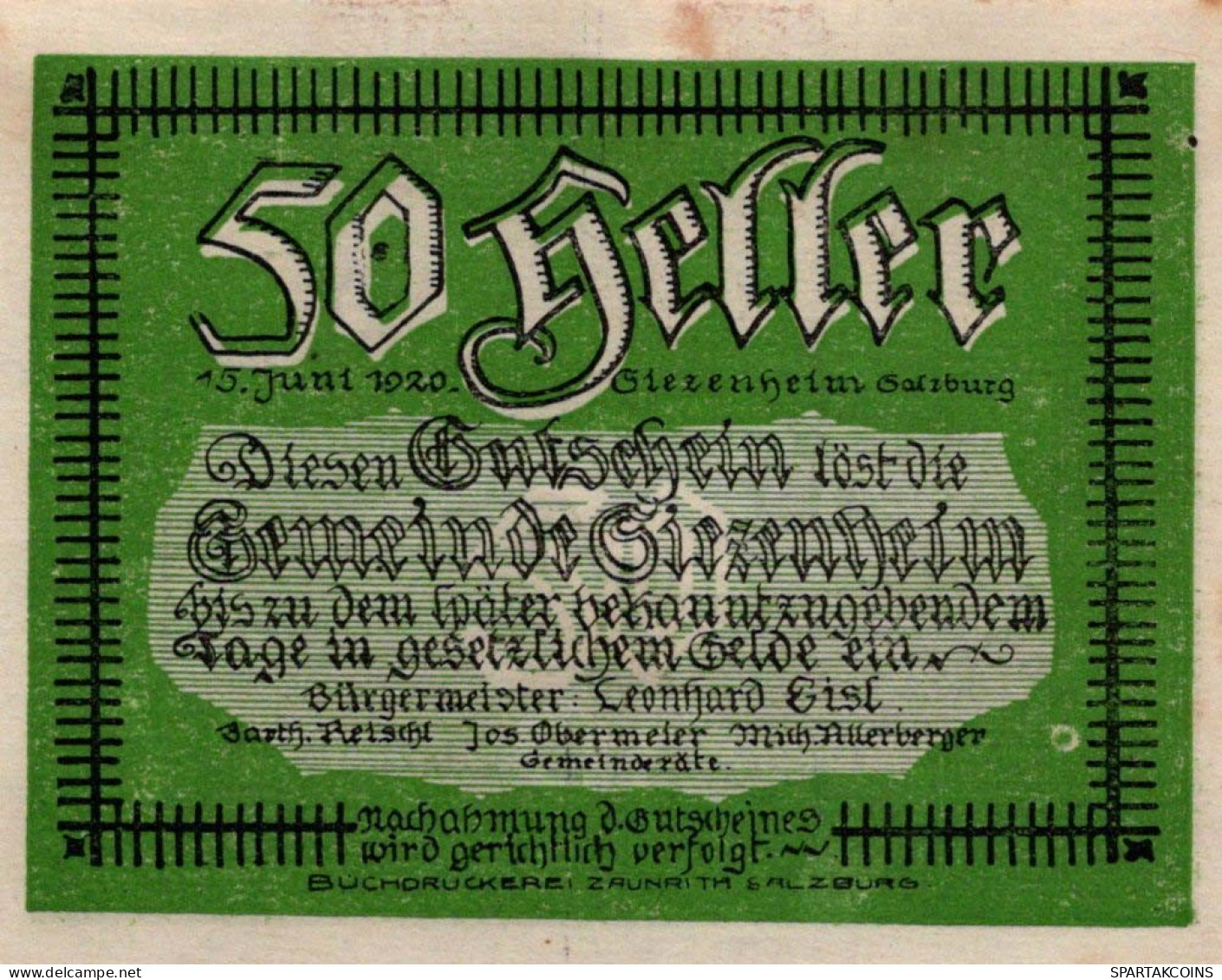 50 HELLER 1920 Stadt SIEZENHEIM Salzburg Österreich Notgeld Banknote #PE909 - [11] Emissions Locales