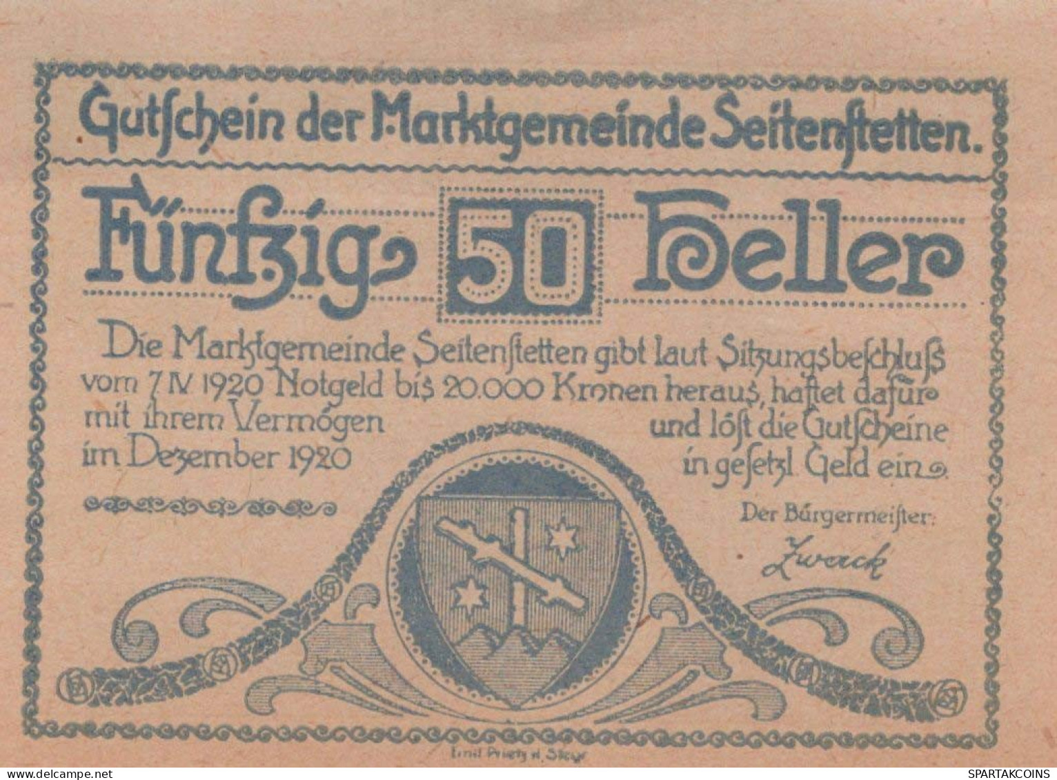 50 HELLER 1920 Stadt SEITENSTETTEN Niedrigeren Österreich Notgeld Papiergeld Banknote #PG672 - [11] Local Banknote Issues