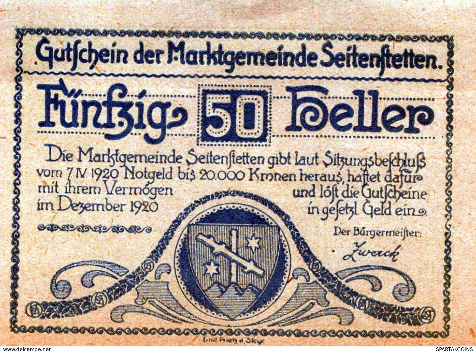 50 HELLER 1920 Stadt SEITENSTETTEN Niedrigeren Österreich Notgeld Papiergeld Banknote #PG672 - Lokale Ausgaben