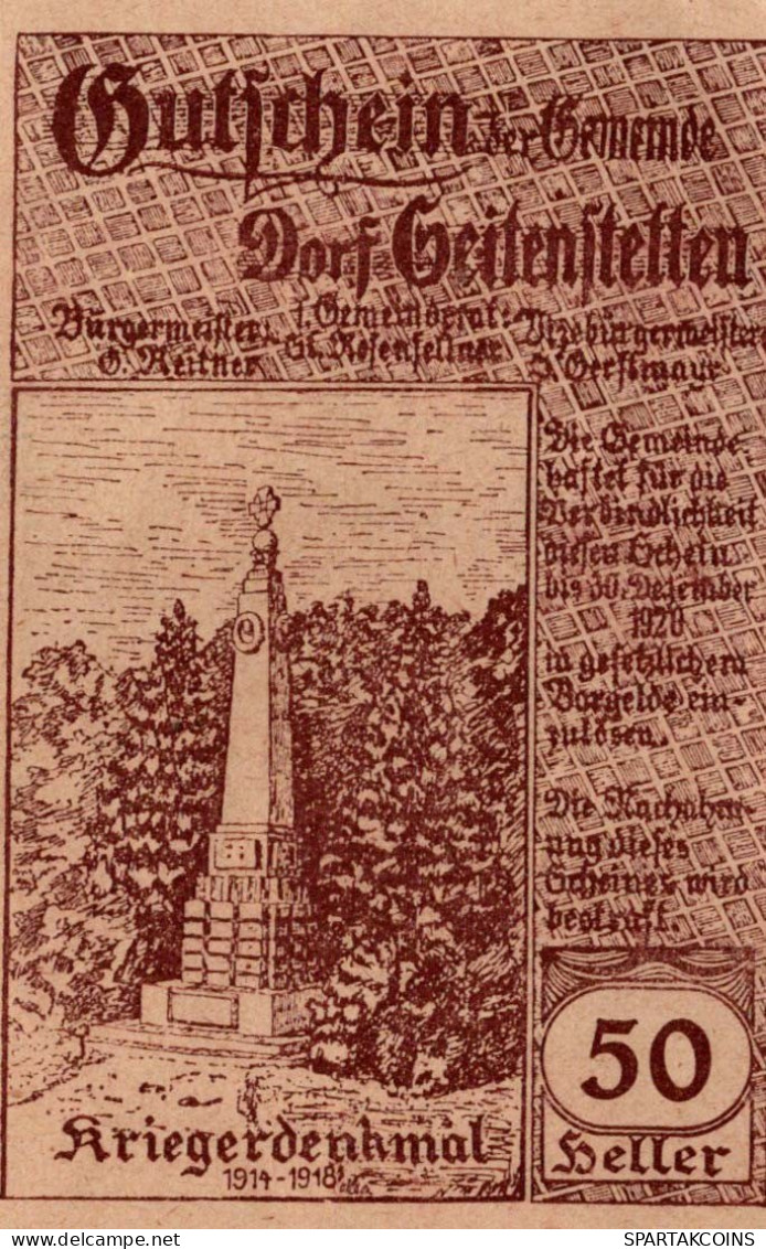 50 HELLER 1920 Stadt SEITENSTETTEN DORF Niedrigeren Österreich UNC Österreich #PH014 - Lokale Ausgaben