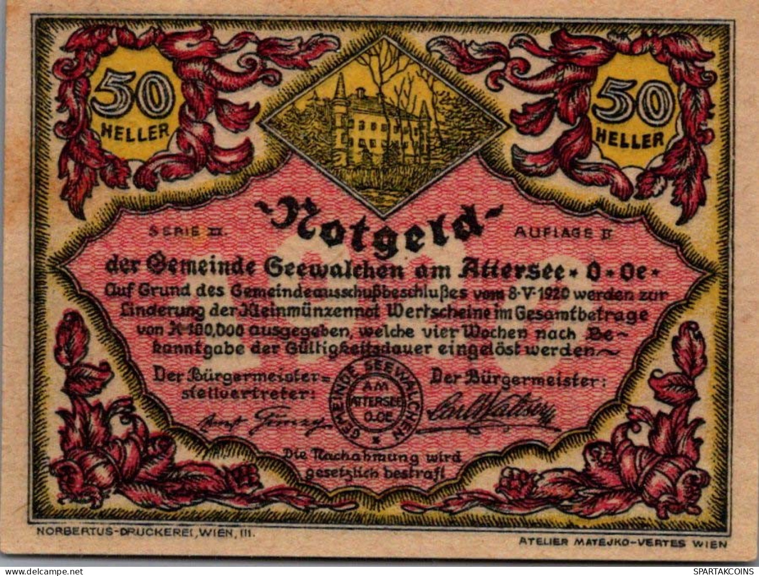 50 HELLER 1920 Stadt SEEWALCHEN AM ATTERSEE Oberösterreich Österreich #PF237 - [11] Local Banknote Issues