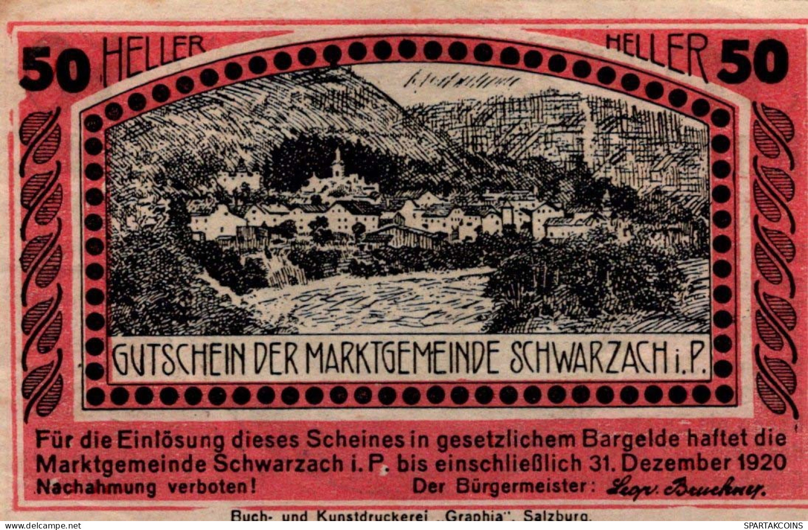 50 HELLER 1920 Stadt SCHWARZACH IM PONGAU Salzburg Österreich Notgeld #PF193 - Lokale Ausgaben