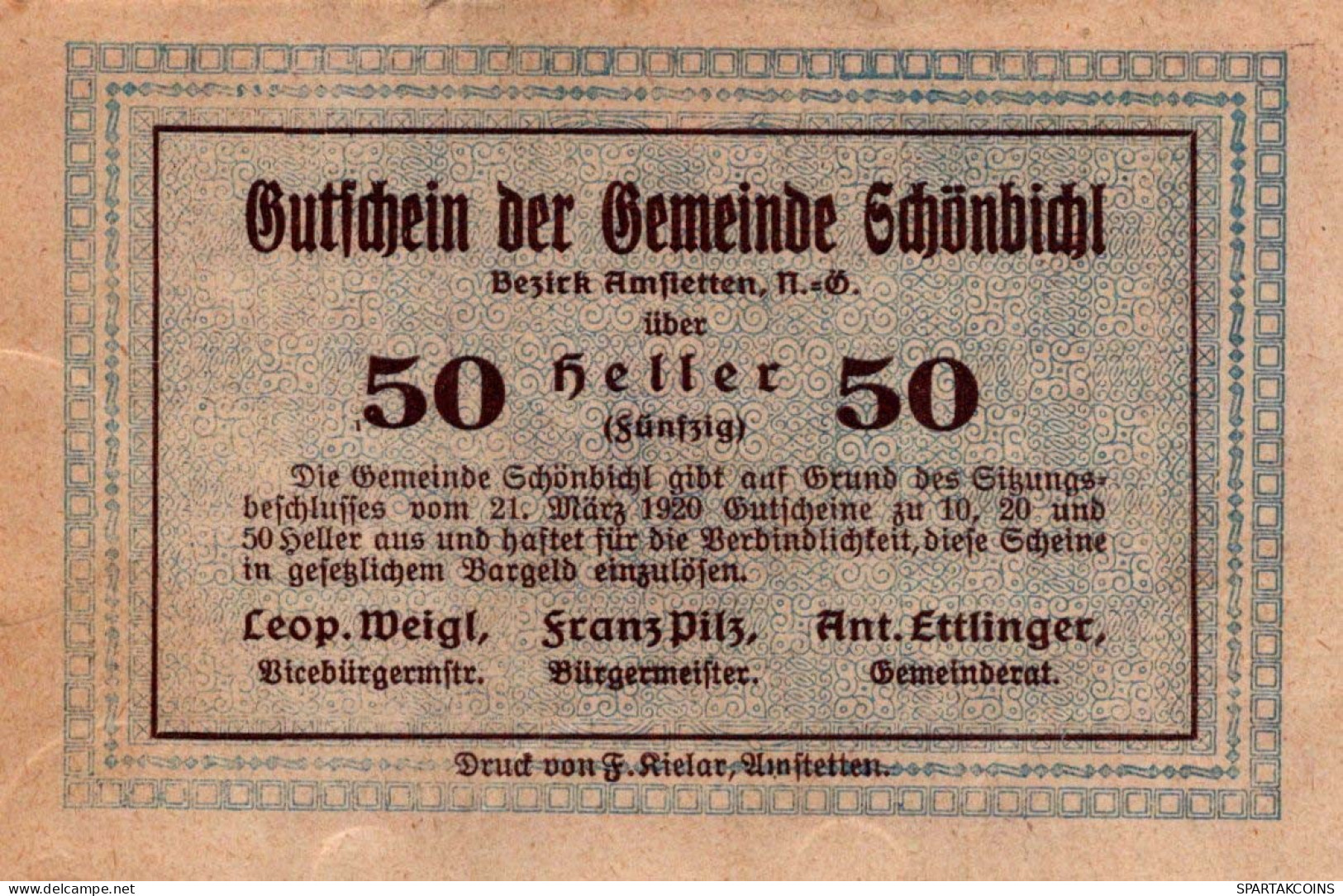 50 HELLER 1920 Stadt SCHoNBICHEL Niedrigeren Österreich Notgeld #PE799 - [11] Local Banknote Issues