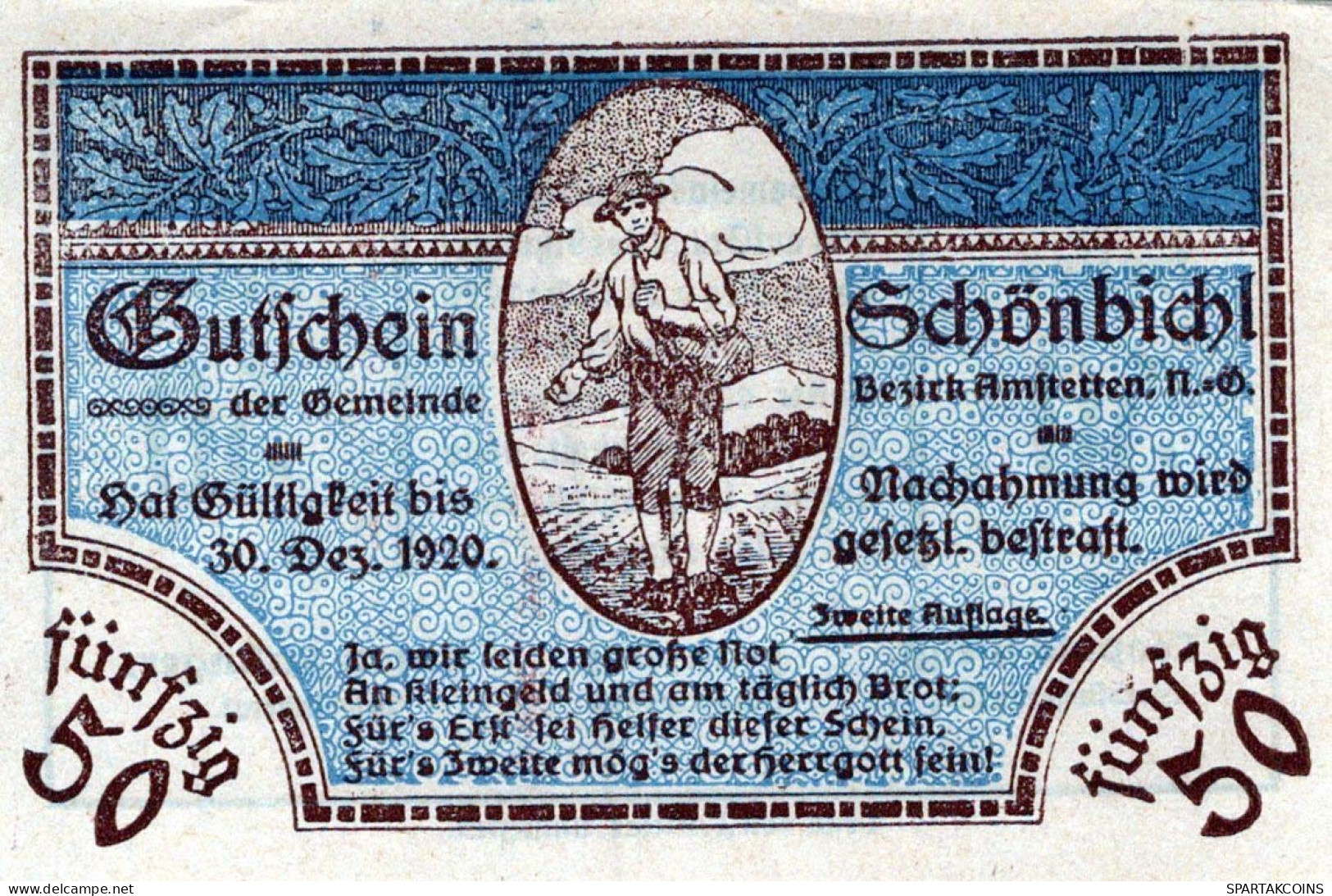 50 HELLER 1920 Stadt SCHoNBICHEL Niedrigeren Österreich UNC Österreich Notgeld #PH005 - [11] Local Banknote Issues