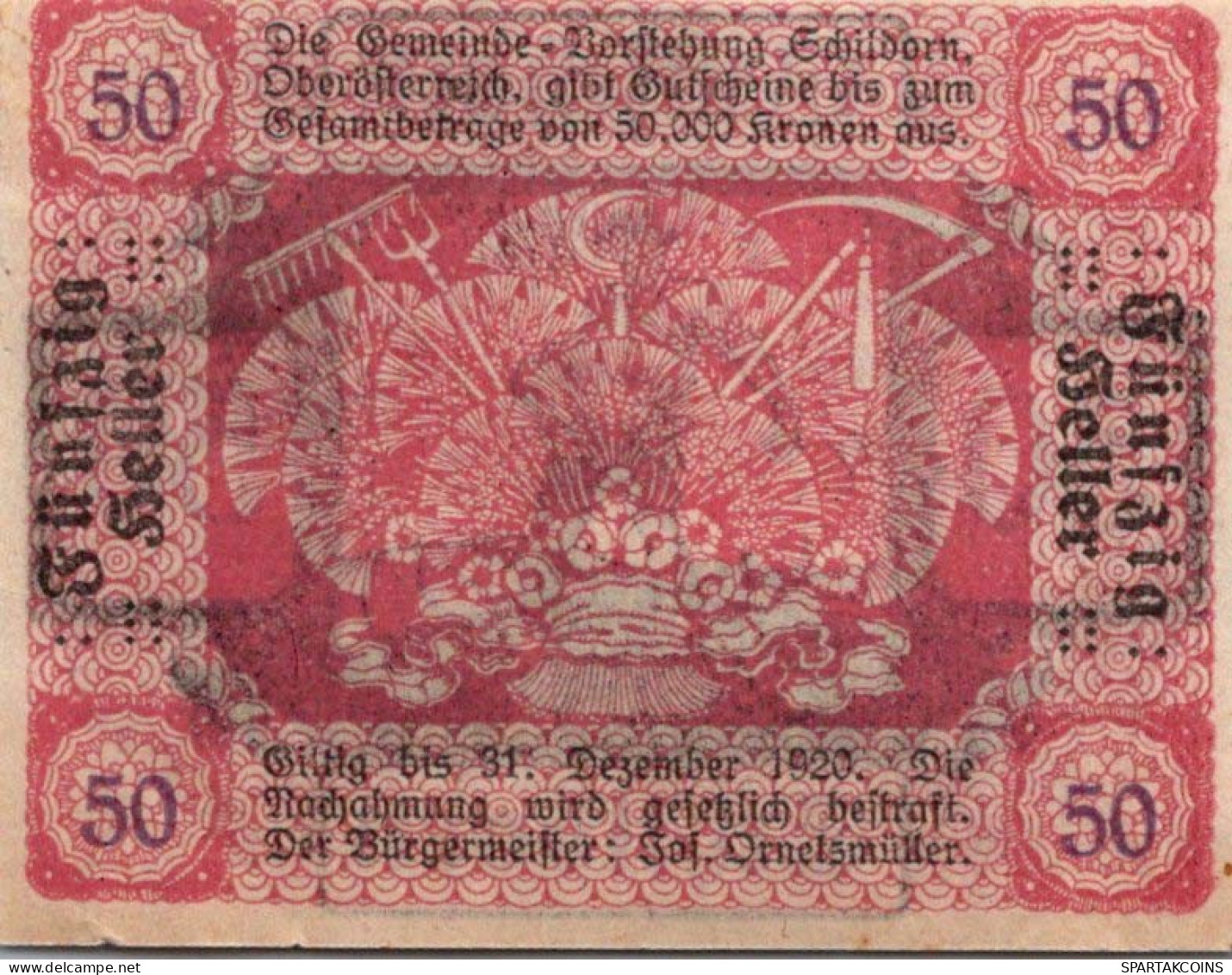 50 HELLER 1920 Stadt SCHILDORN Oberösterreich Österreich Notgeld Banknote #PF202 - [11] Local Banknote Issues