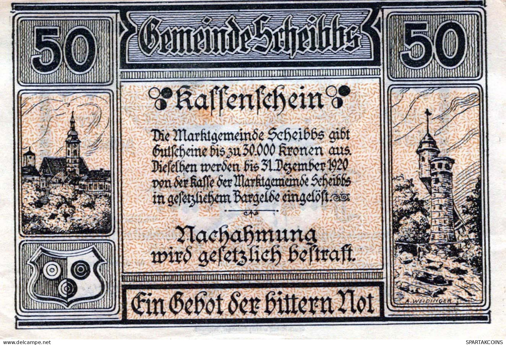 50 HELLER 1920 Stadt SCHEIBBS Niedrigeren Österreich Notgeld Papiergeld Banknote #PG789 - [11] Local Banknote Issues