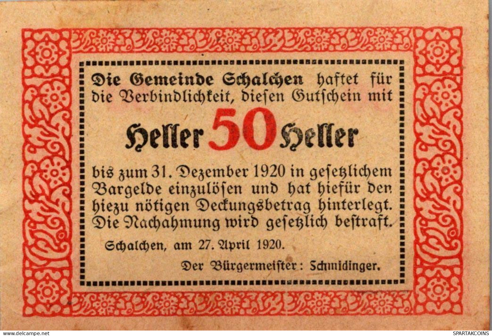 50 HELLER 1920 Stadt SCHALCHEN Oberösterreich Österreich Notgeld Banknote #PE600 - [11] Local Banknote Issues