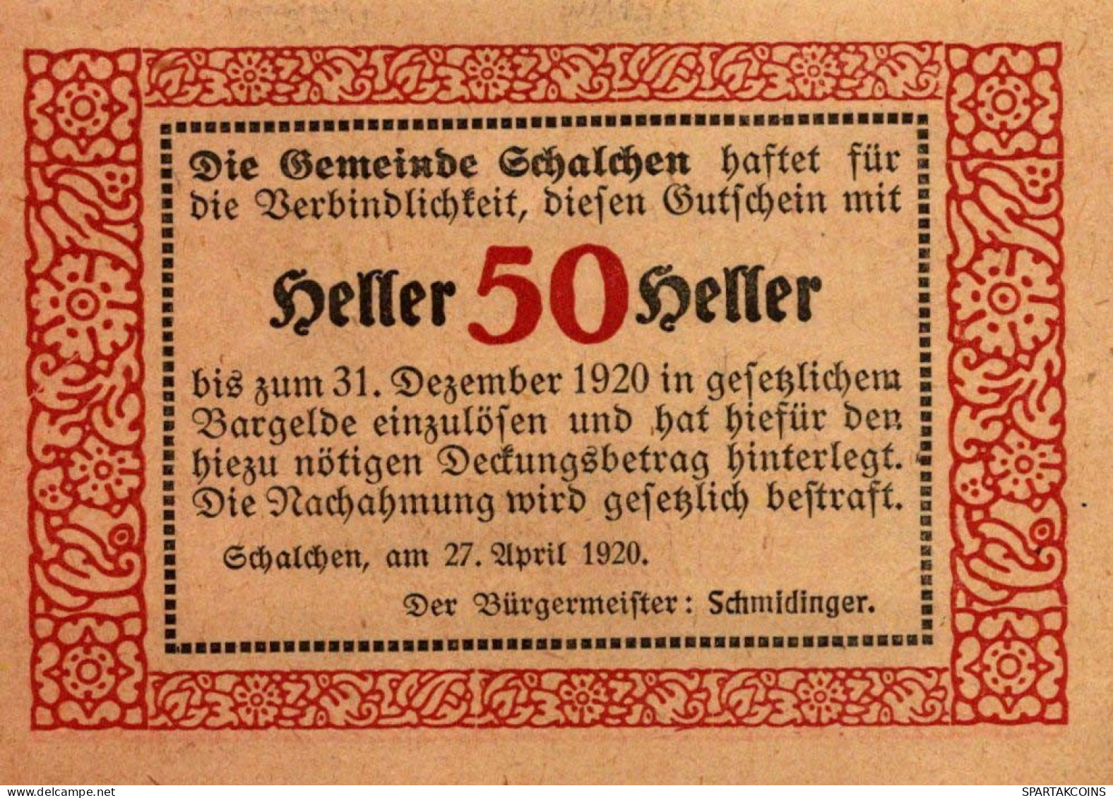 50 HELLER 1920 Stadt SCHALCHEN Oberösterreich Österreich Notgeld Banknote #PE863 - [11] Local Banknote Issues