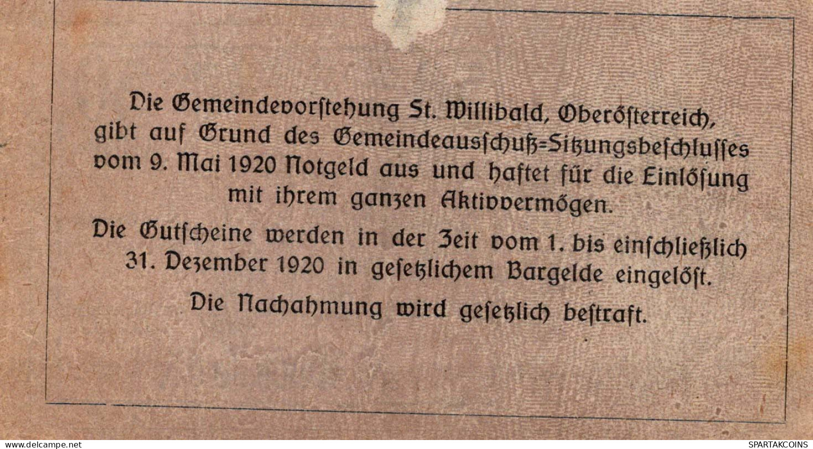 50 HELLER 1920 Stadt SANKT WILLIBALD Oberösterreich Österreich Notgeld #PI262 - [11] Local Banknote Issues