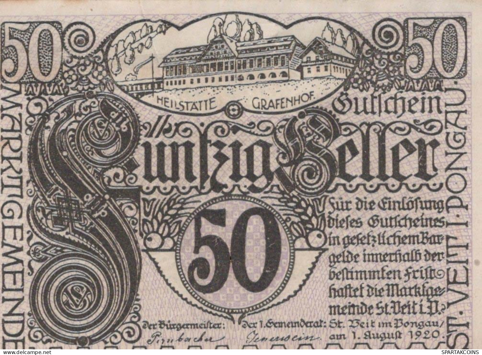 50 HELLER 1920 Stadt SANKT VEIT IM PONGAU Salzburg Österreich Notgeld #PI237 - [11] Local Banknote Issues