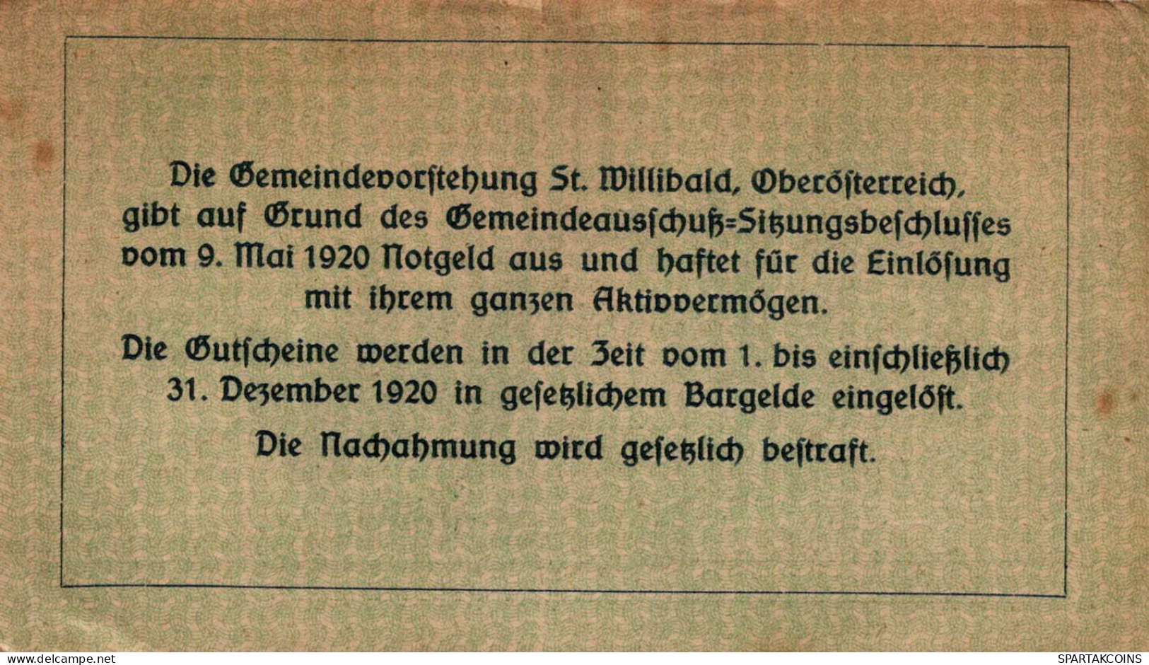 50 HELLER 1920 Stadt SANKT WILLIBALD Oberösterreich Österreich Notgeld #PF232 - [11] Local Banknote Issues