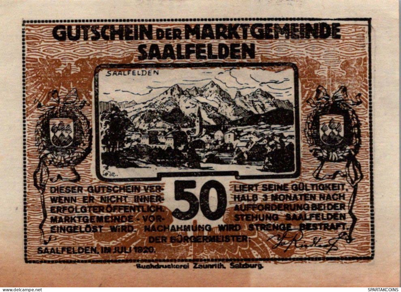 50 HELLER 1920 Stadt SAALFELDEN Salzburg Österreich Notgeld Banknote #PF206 - [11] Local Banknote Issues
