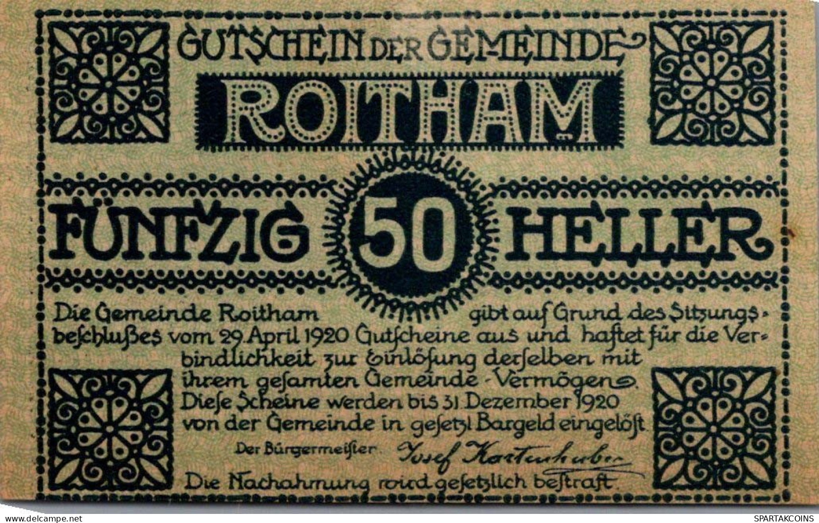 50 HELLER 1920 Stadt ROITHAM Oberösterreich Österreich Notgeld Banknote #PI377 - [11] Local Banknote Issues