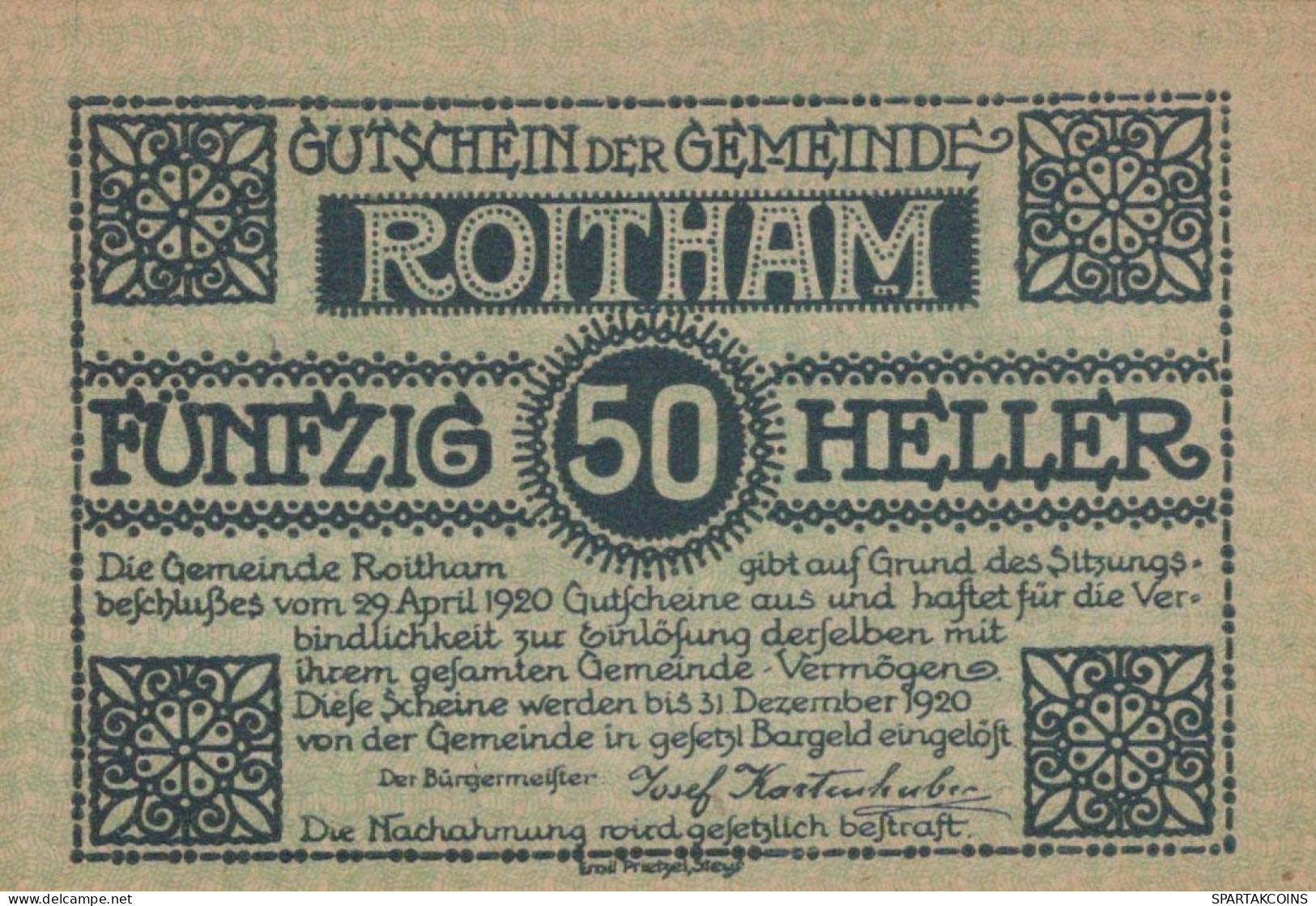 50 HELLER 1920 Stadt ROITHAM Oberösterreich Österreich UNC Österreich Notgeld #PH106 - [11] Local Banknote Issues