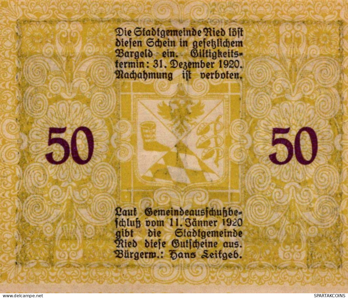 50 HELLER 1920 Stadt RIED IM INNKREIS Oberösterreich Österreich Notgeld Papiergeld Banknote #PG663 - [11] Emissions Locales