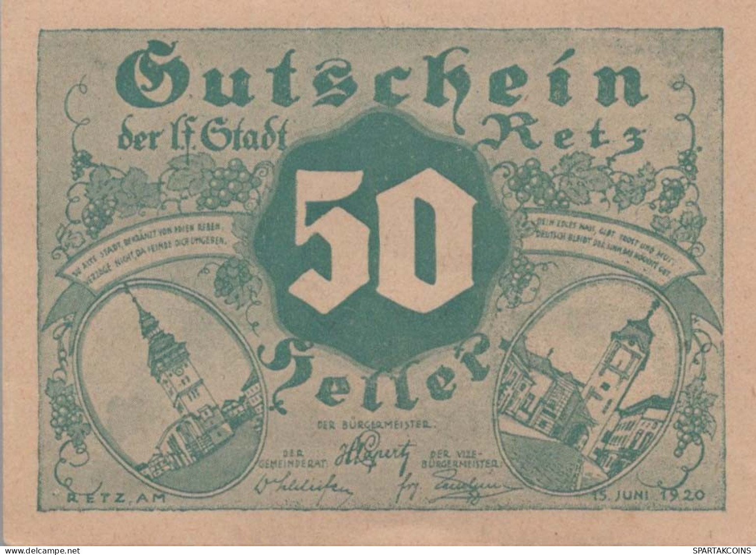 50 HELLER 1920 Stadt RETZ Niedrigeren Österreich Notgeld Banknote #PE595 - [11] Emissions Locales